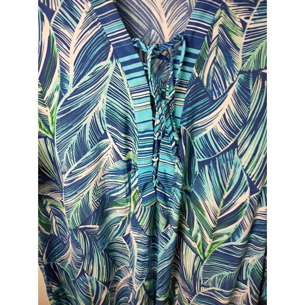 La Blanca Woman M* Tunic Swim Coverup Teal Leaf V Lace Front LS Stretch Beach - Picture 4 of 8